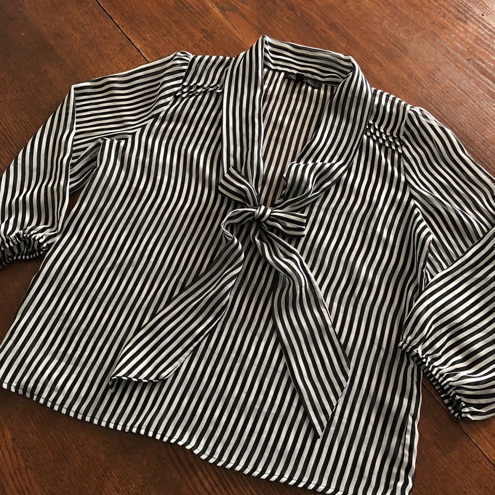 Lucca Couture Sheer Blouse Stripes Tie Collar SM